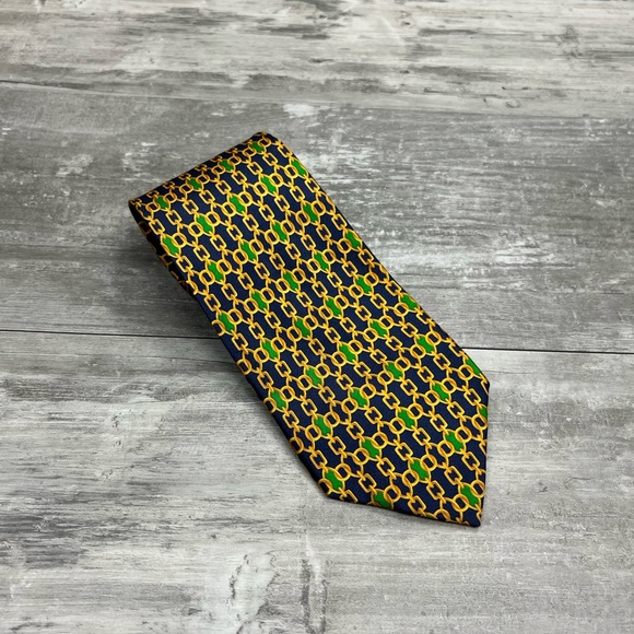 Celine Navy, Gold & Green Link Pattern Silk Tie - Picture 2 of 4